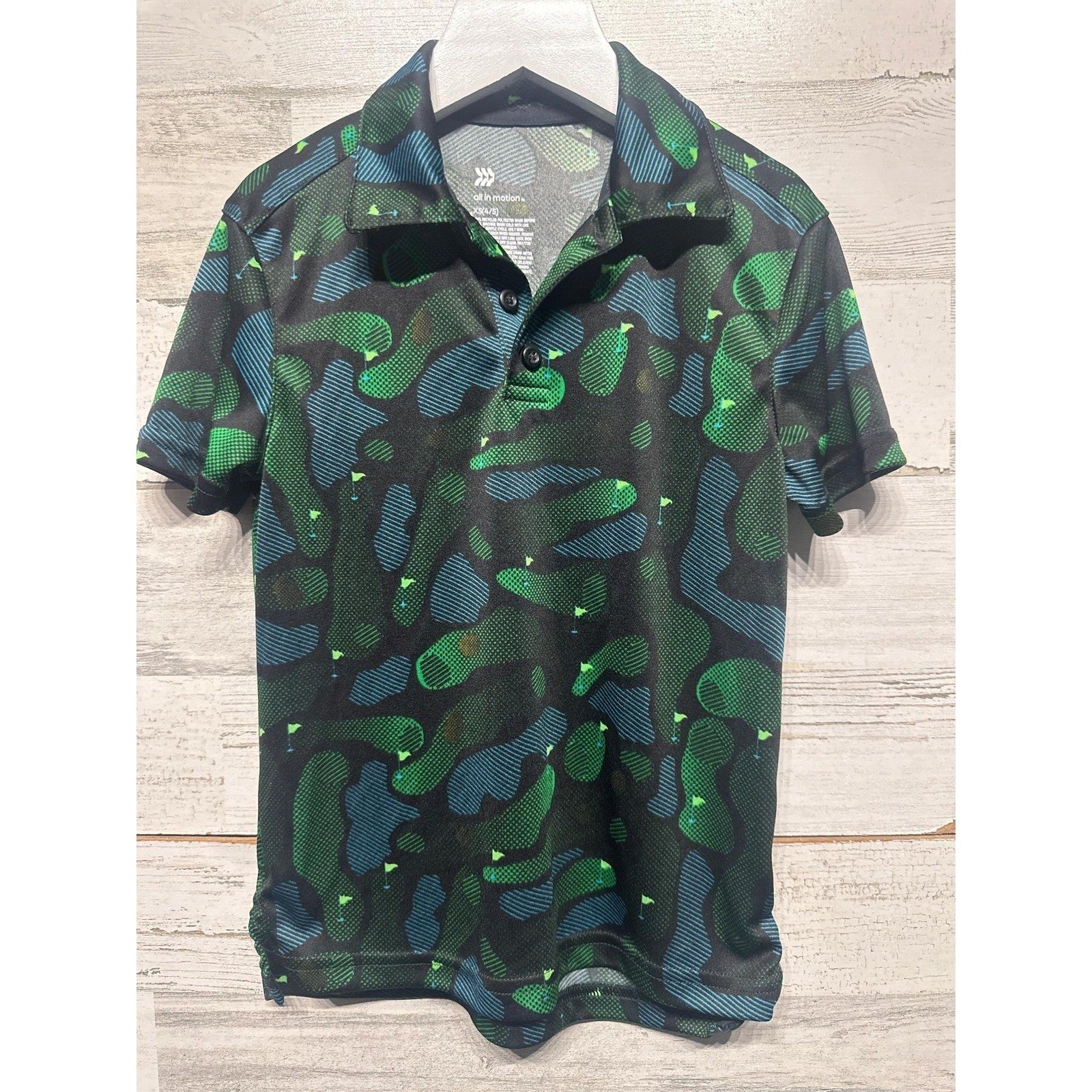 All in Motion Polo Shirt Boys XS 4/5 Green Blue Golf Course Print EUC0