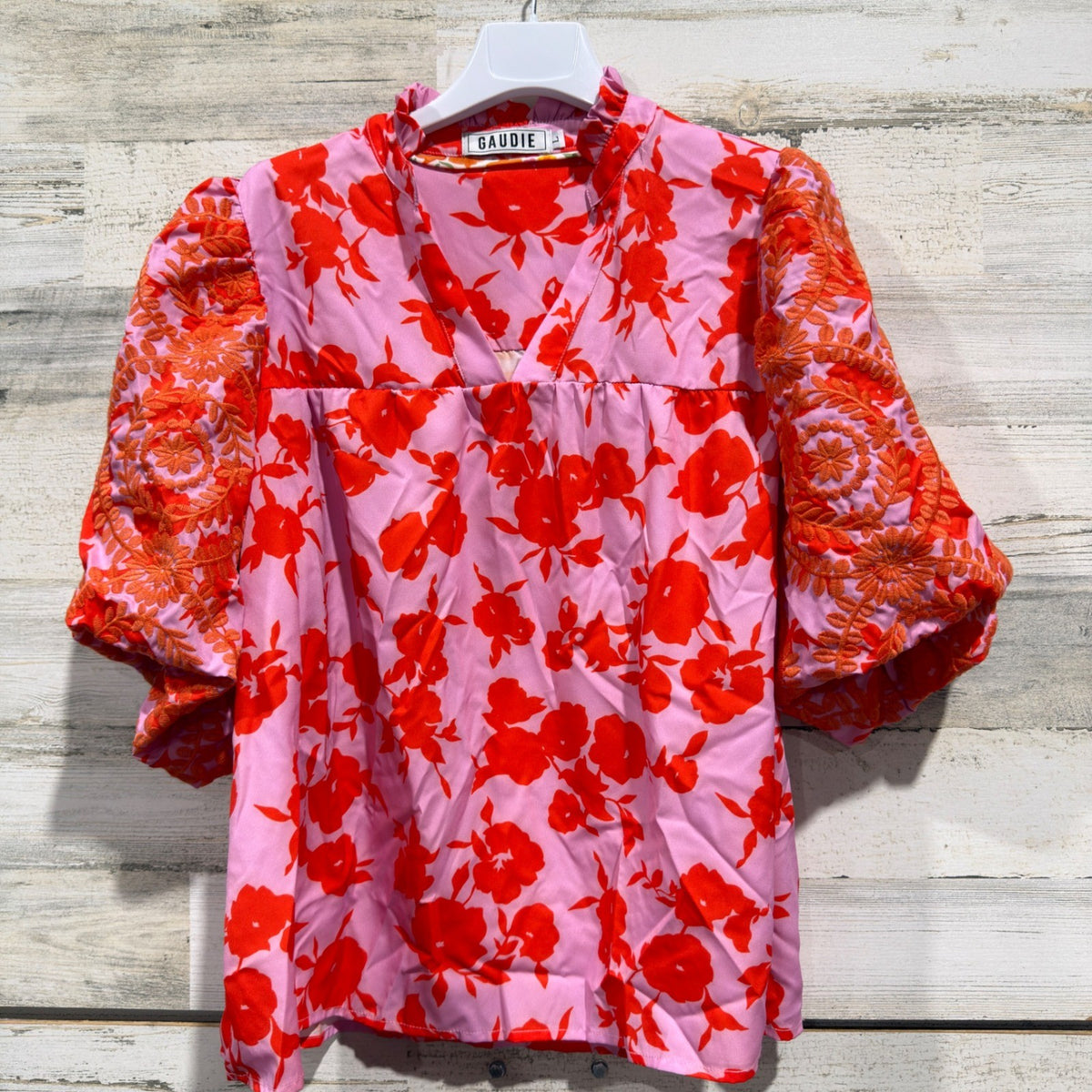 Gaudie Floral Blouse Women Large Pink Red Embroidered Puff Sleeve Boho EUC0