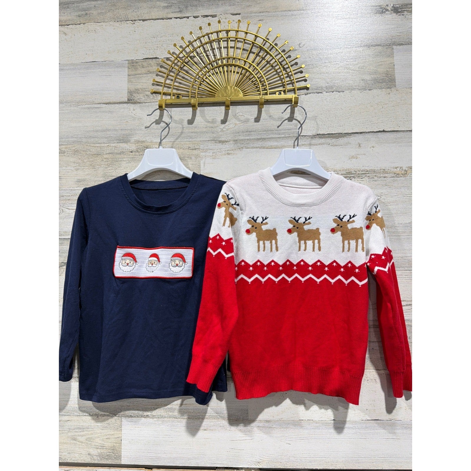Holiday Shirts Boys 7/8 Navy Red Smocked Santa Reindeer Winter EUC0