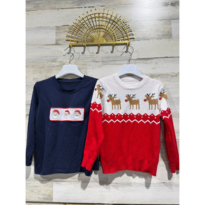 Holiday Shirts Boys 7/8 Navy Red Smocked Santa Reindeer Winter EUC0