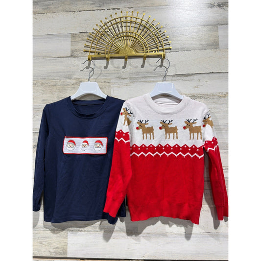 Holiday Shirts Boys 7/8 Navy Red Smocked Santa Reindeer Winter EUC0