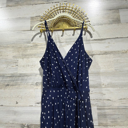 Kaileigh Jumpsuit Women Large Navy Blue Polka Dot Wrap Front Wide Leg EUC1