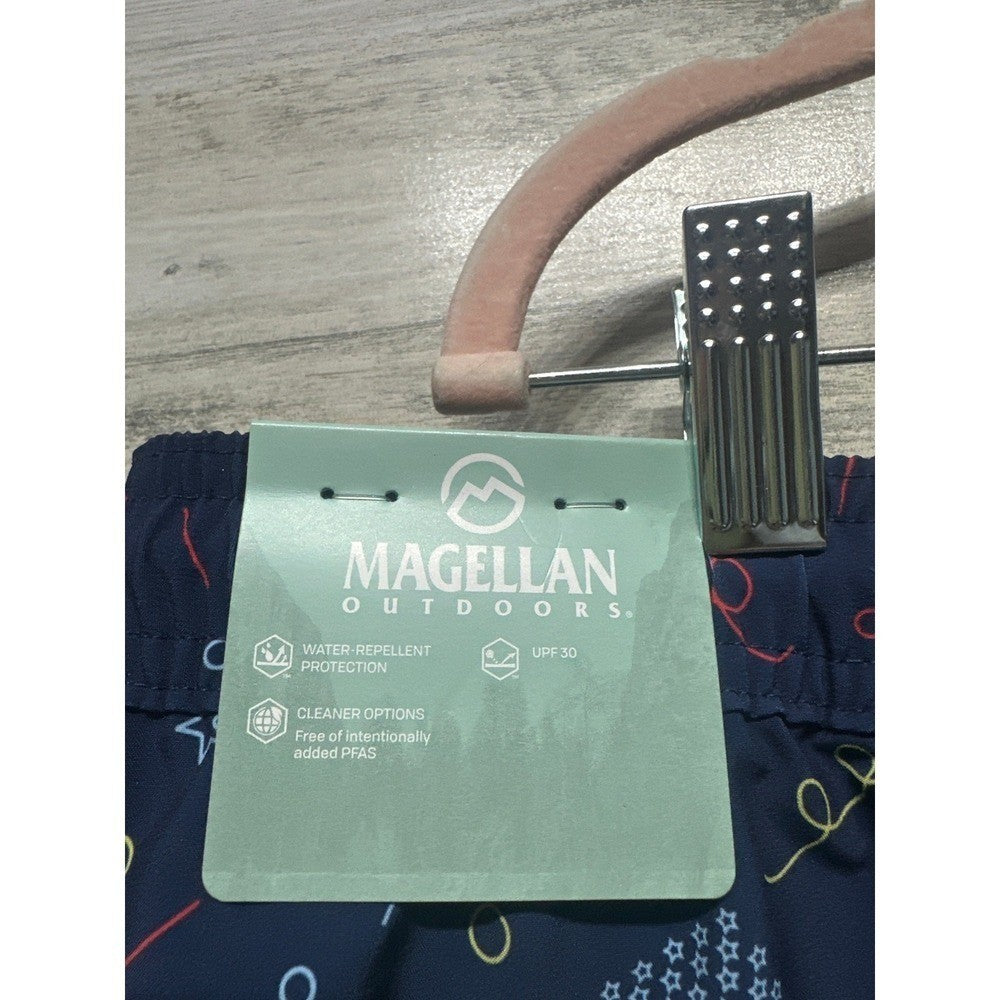 Magellan Outdoors Swim Trunks Mens XXL Navy Patriotic Fireworks Flags NWT3