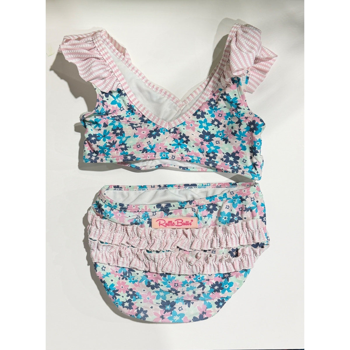 Ruffle Butts Bikini Swimsuit Girls 4T Pink Blue Floral Seersucker Core GUC*3