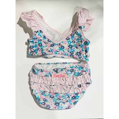 Ruffle Butts Bikini Swimsuit Girls 4T Pink Blue Floral Seersucker Core GUC*3