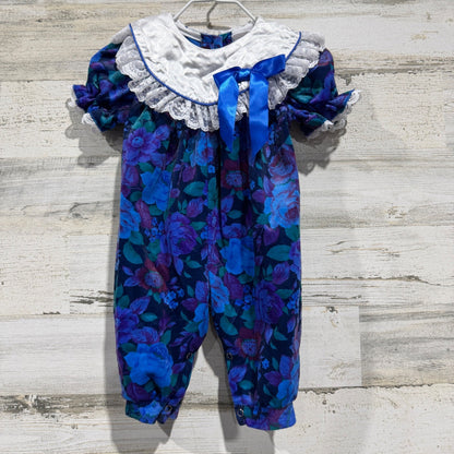 Vintage Style Floral Romper Girls 3/6M Blue Velvet Lace 90s Made in USA0