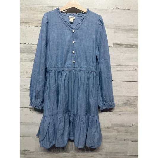 Crewcuts Chambray Dress Girls 10 Blue Tiered Ruffle V-Neck Long Sleeve EUC0