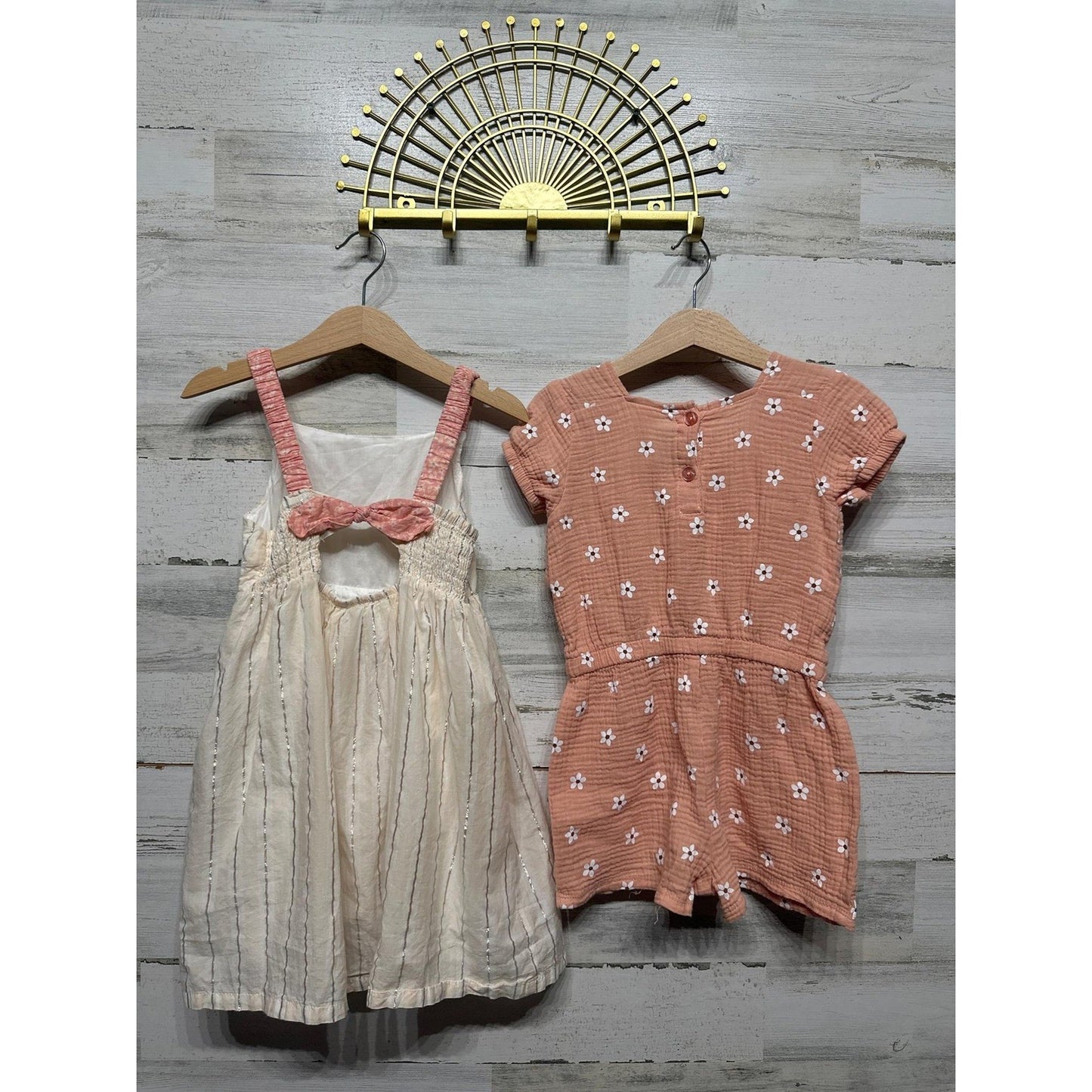 Rachel Zoe Dress Romper Set Girls 5 Pink Cream Metallic Floral Boho EUC1