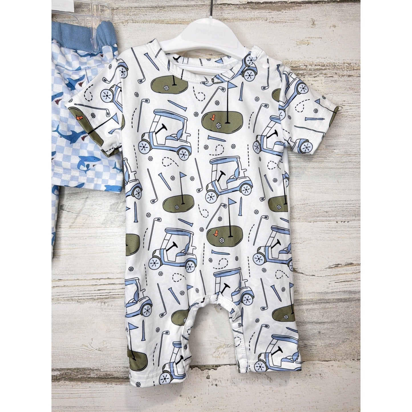 Boutique Shorts Set Romper Bundle Boys 6-12M Blue Shark Golf Coastal2
