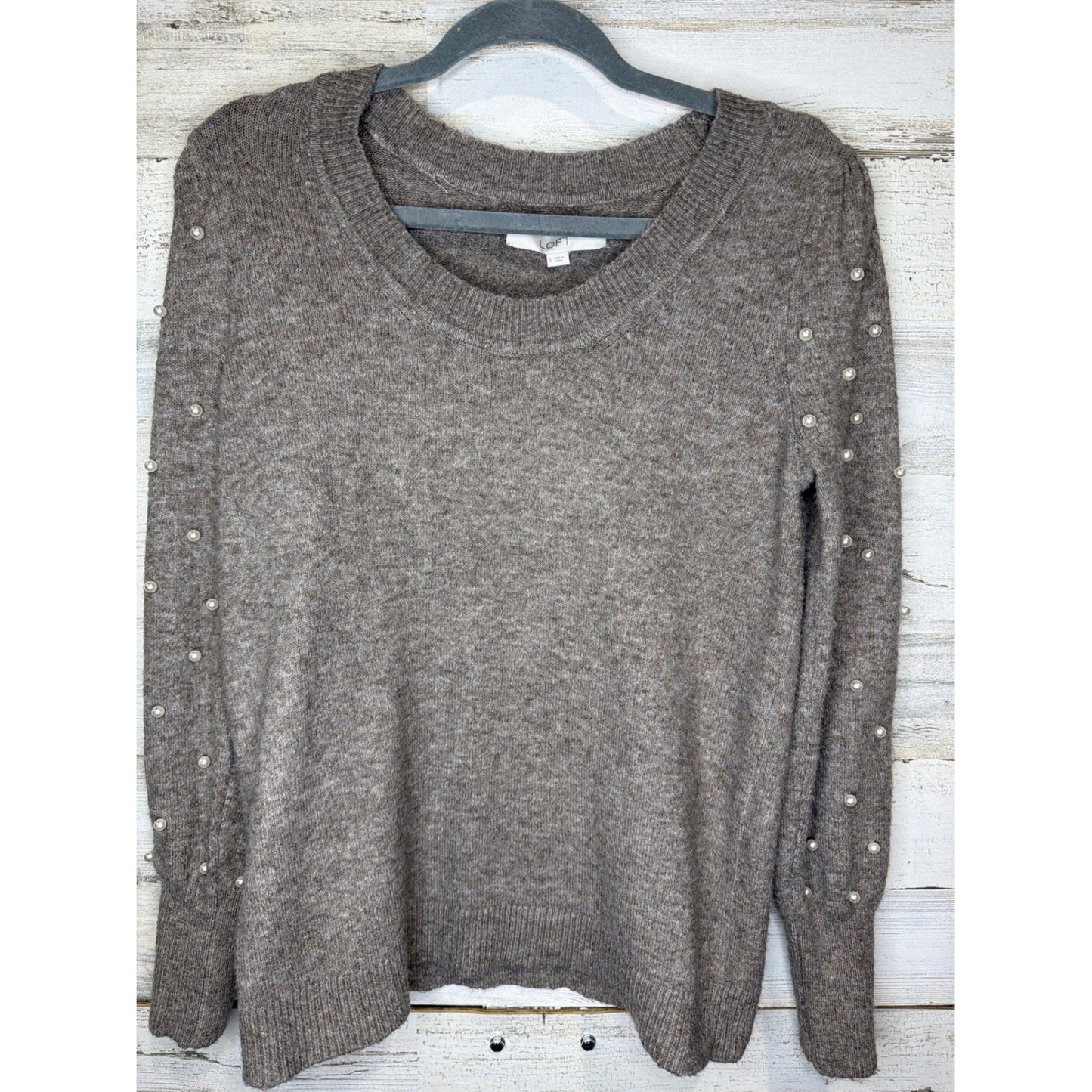Loft Pearl Sleeve Sweater Women Small Brown Knit Scoop Neck EUC0