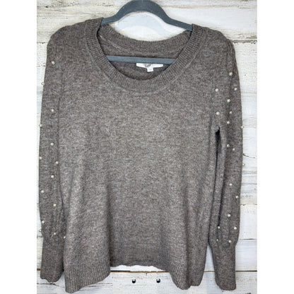 Loft Pearl Sleeve Sweater Women Small Brown Knit Scoop Neck EUC0