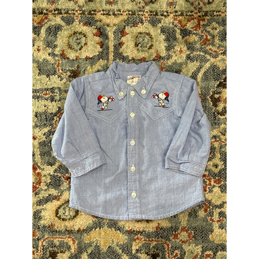 Peanuts Snoopy Western Shirt Boys 12m Blue Embroidered Long Sleeve EUC0