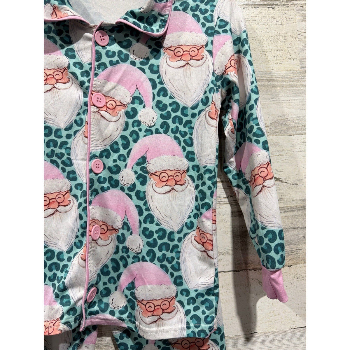 Boutique Santa Pajamas Girls 8-9 Teal Pink Leopard Print Holiday EUC1