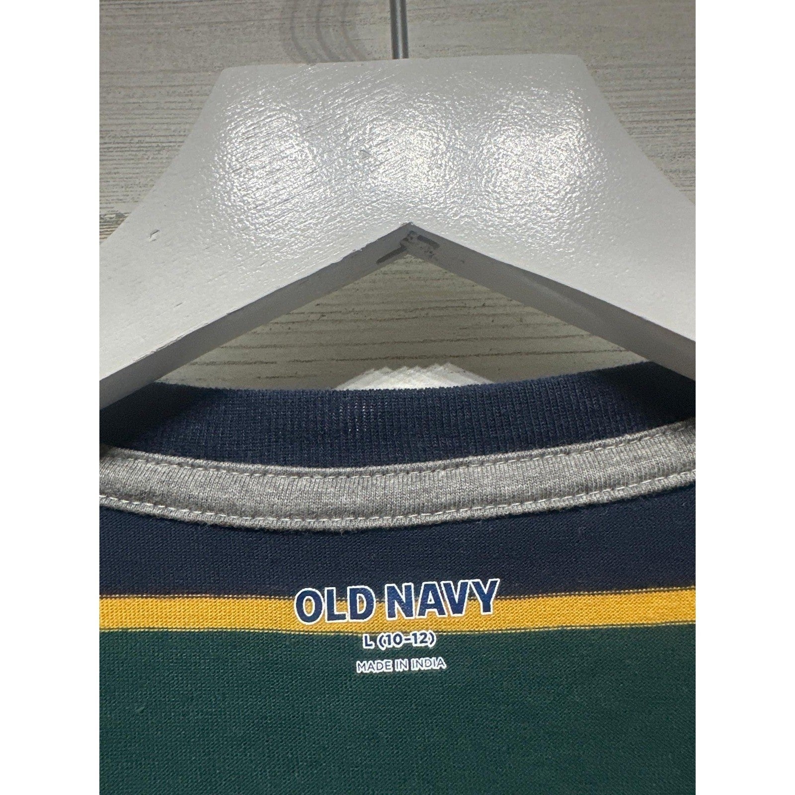 Old Navy Long Sleeve Shirt Boys 10/12 Green Navy Yellow Striped EUC1