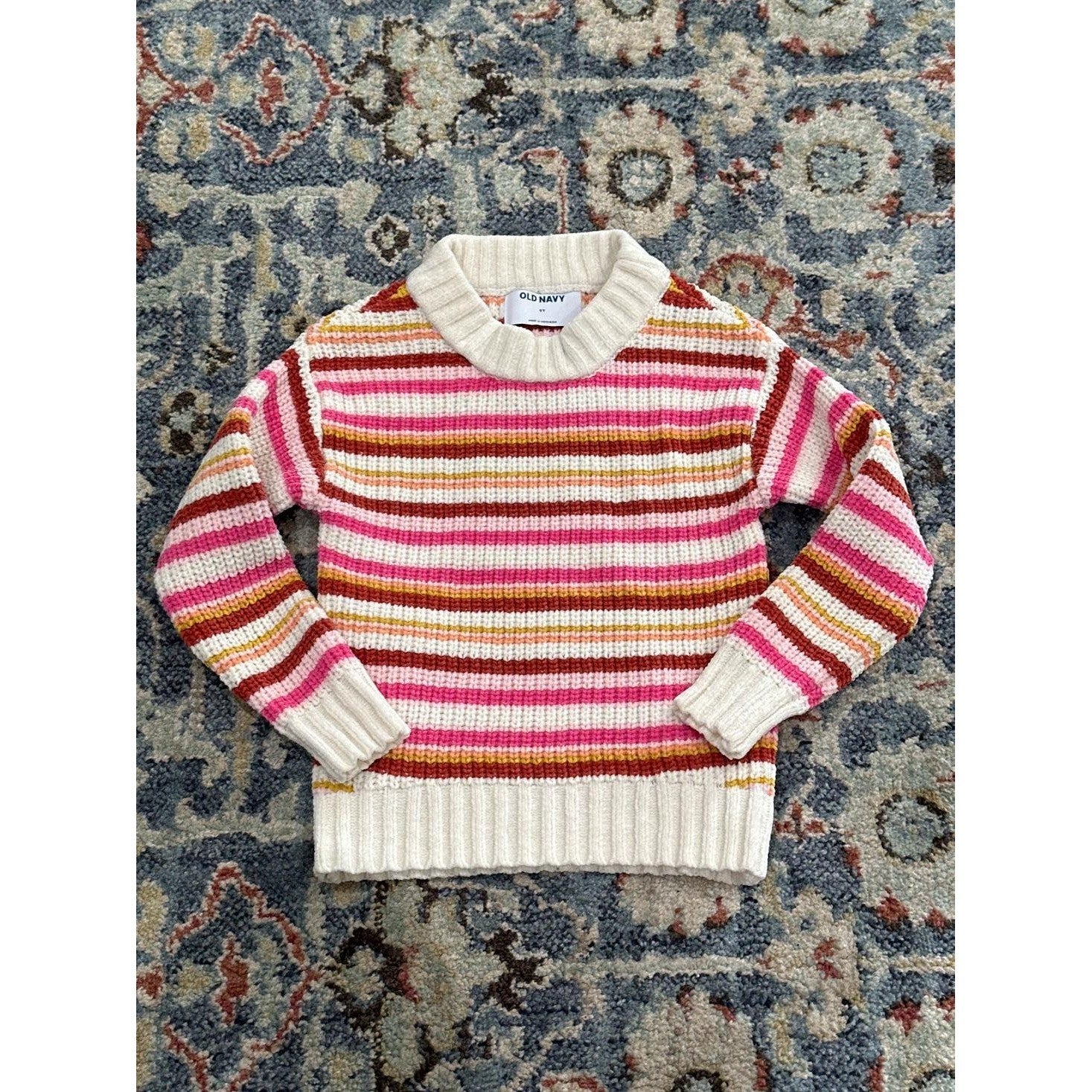 Old Navy Striped Chenille Sweater Girls 5T Pink Orange Mock Neck EUC2
