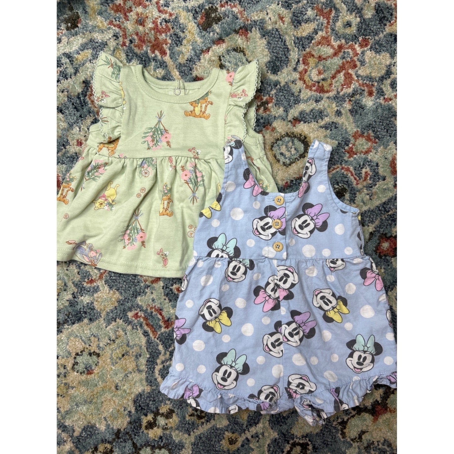 Disney Girls 3-6M Dress Romper Bundle Green Blue Winnie Pooh Minnie Mouse0