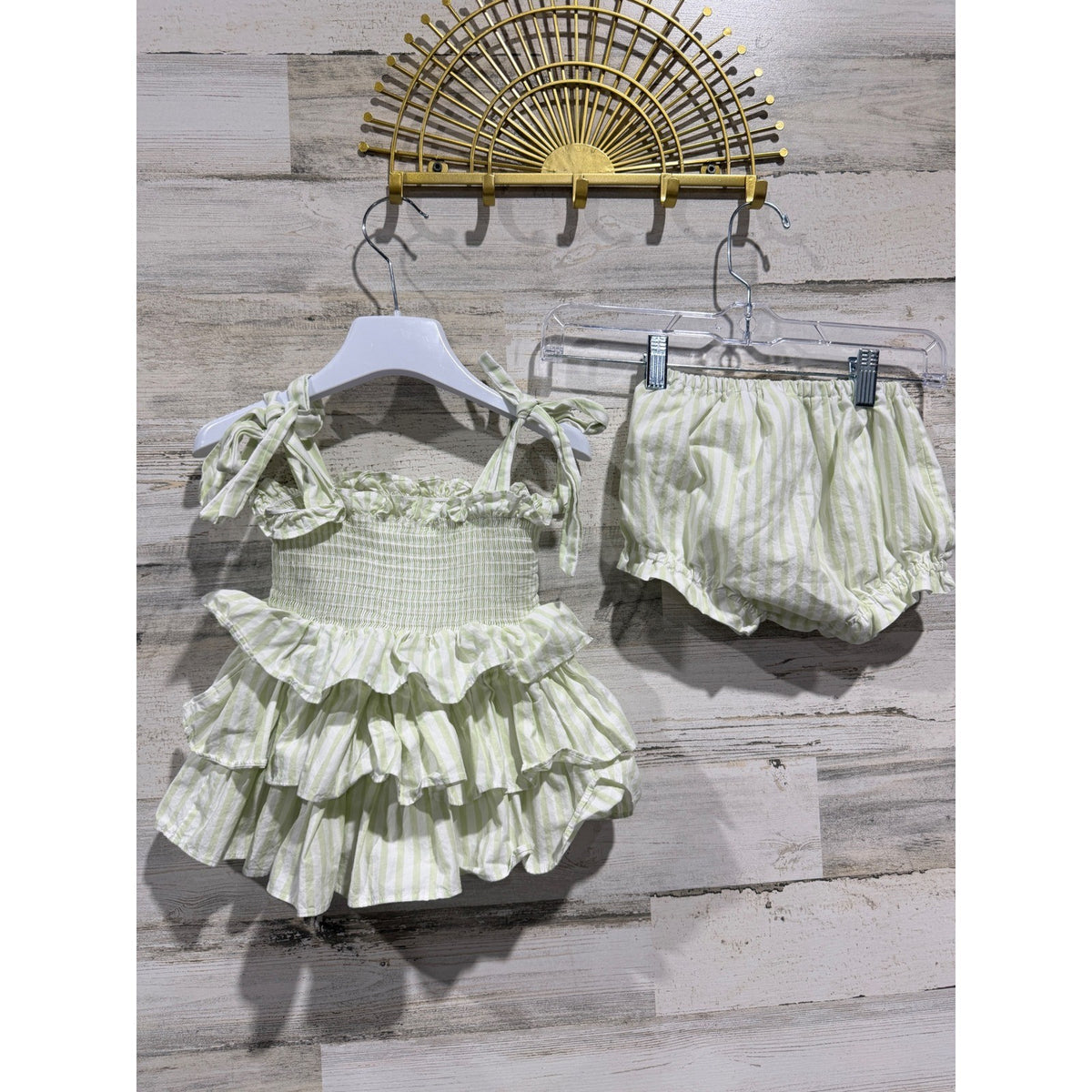 Little Bear Smocks Ruffle Top Bloomer Set Girls 3T Green White Striped EUC4