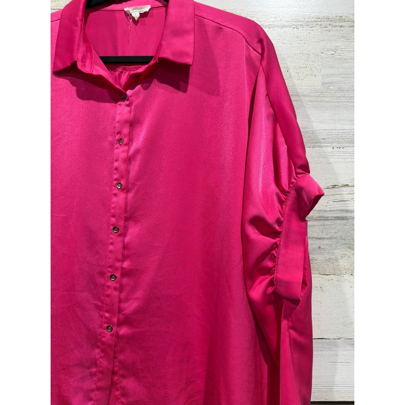 Ee:Some Satin Button Down Shirt Women Small Hot Pink Oversized Ruched Sleeve EUC2