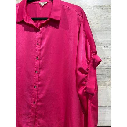 Ee:Some Satin Button Down Shirt Women Small Hot Pink Oversized Ruched Sleeve EUC2