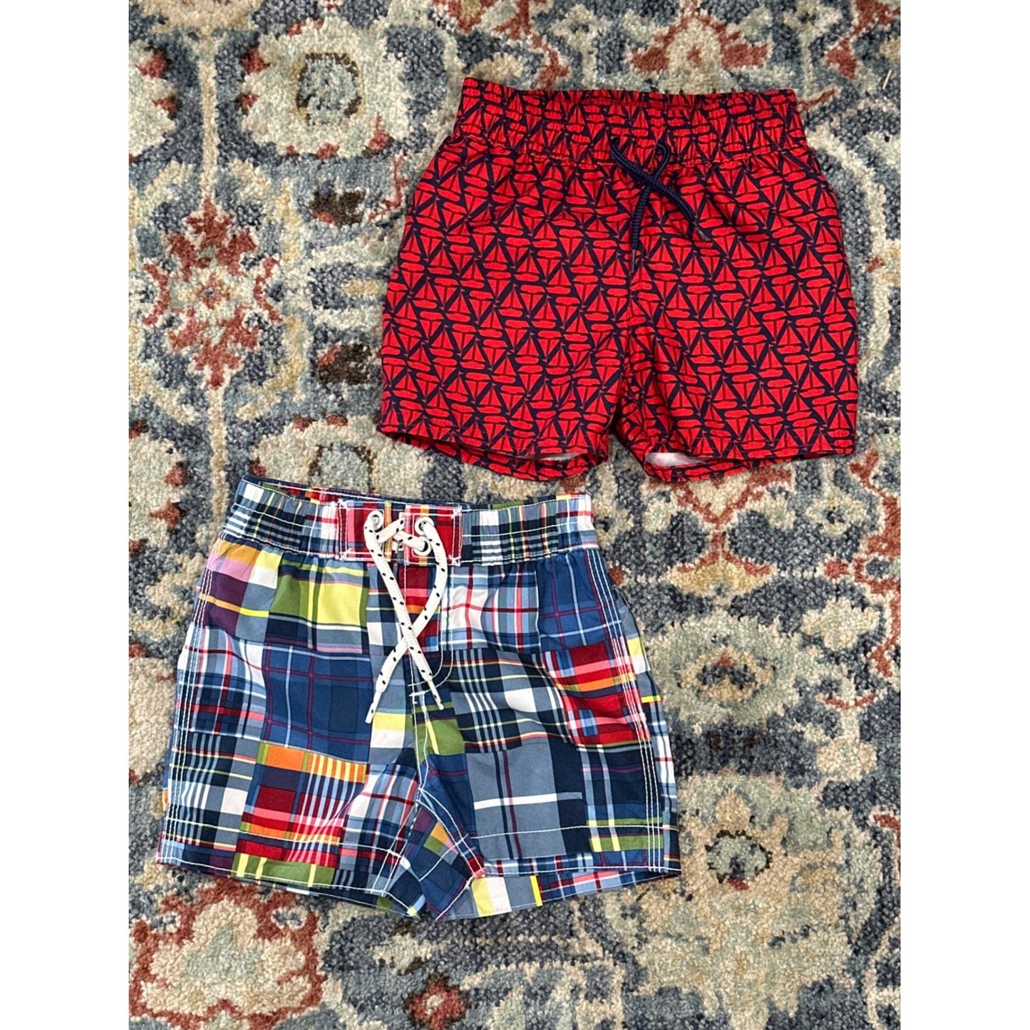 Boys 12-18M  Swim Trunks Bundle Red Plaid Bundle EUC0