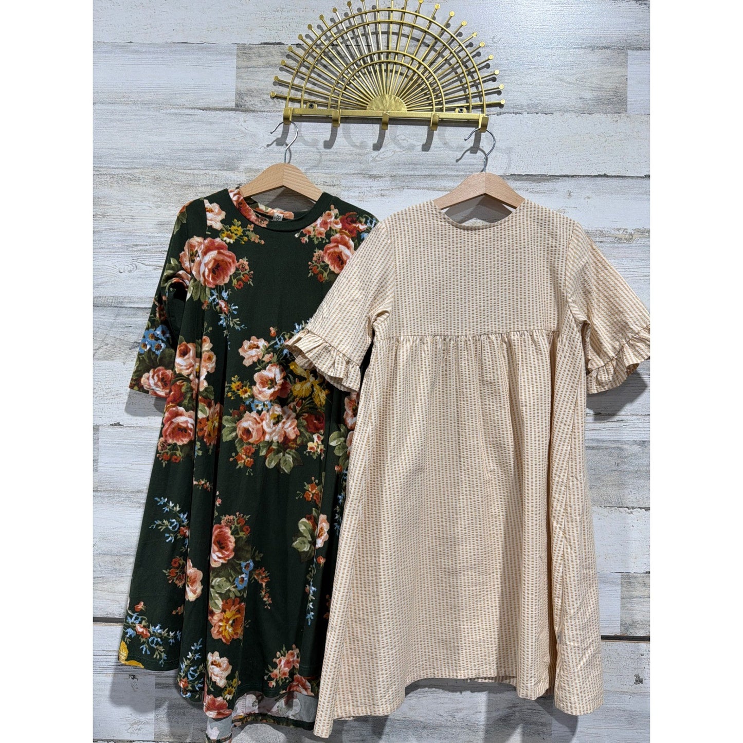 Wheat Pomelo Dress Bundle Girls Size 8 Tan Green Floral Striped Boho EUC0