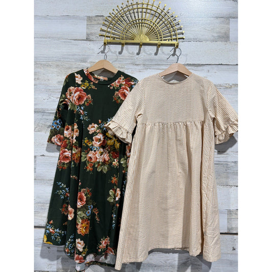 Wheat Pomelo Dress Bundle Girls Size 8 Tan Green Floral Striped Boho EUC0