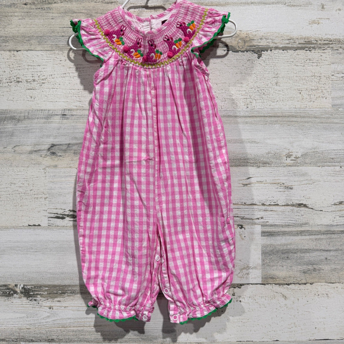 Lil Cactus Bunny Smocked Romper Girls 6-12M Pink Gingham Cotton Classic EUC0