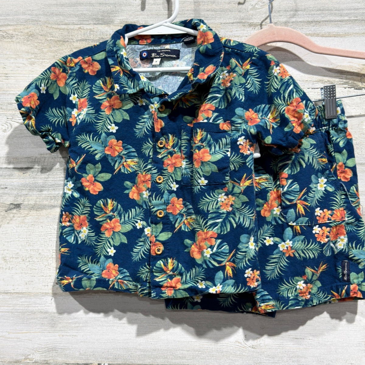 Ben Sherman 2 Piece Set Boys Size 5 Blue Floral Linen Blend Tropical Summer EUC0