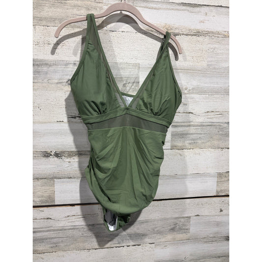 One Piece Swimsuit Women XL Olive Green Mesh Ruched Plunge EUC0