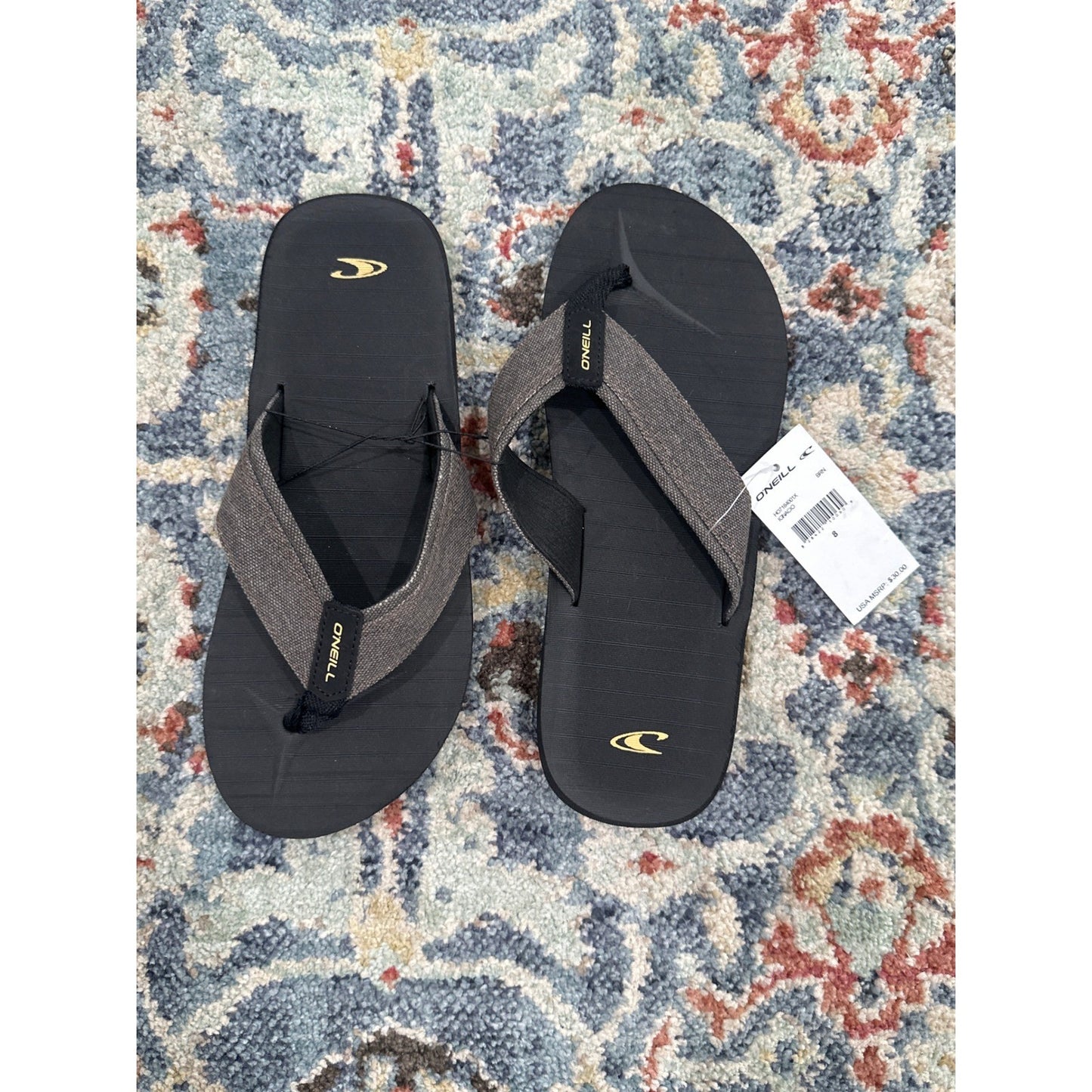 O'Neill Flip Flops Men Size 8 Black Grey Fabric Strap Beach Sandals NWT0