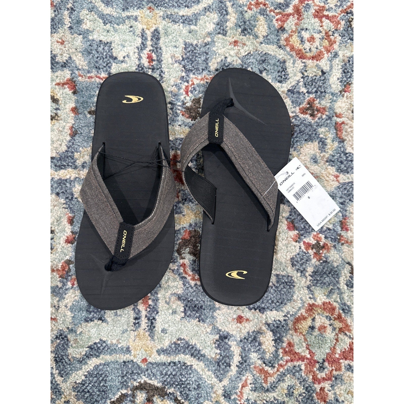 O'Neill Flip Flops Men Size 8 Black Grey Fabric Strap Beach Sandals NWT0