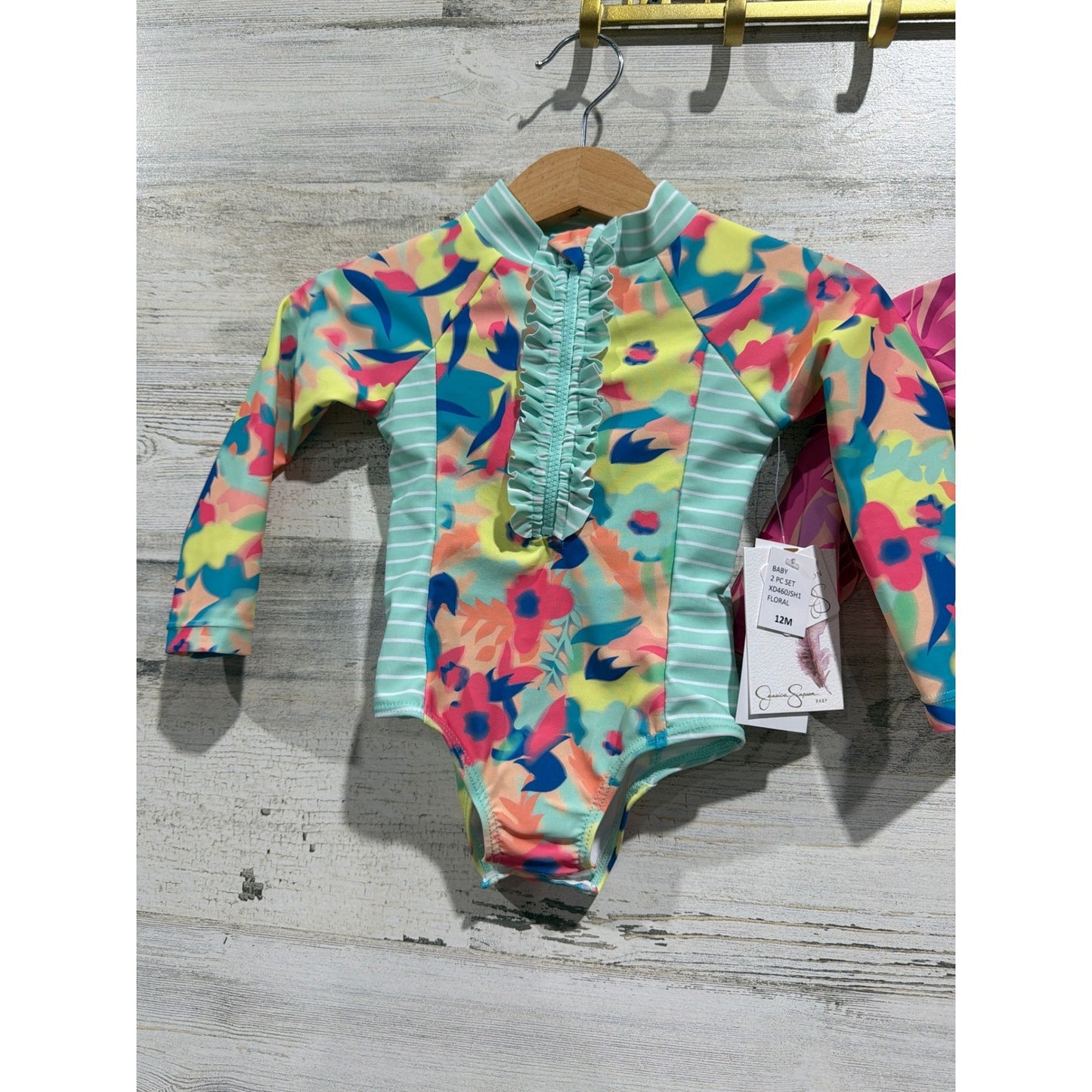 Jessica Simpson Rash Guard Girls 12M Mint Pink Floral Tropical Bundle1