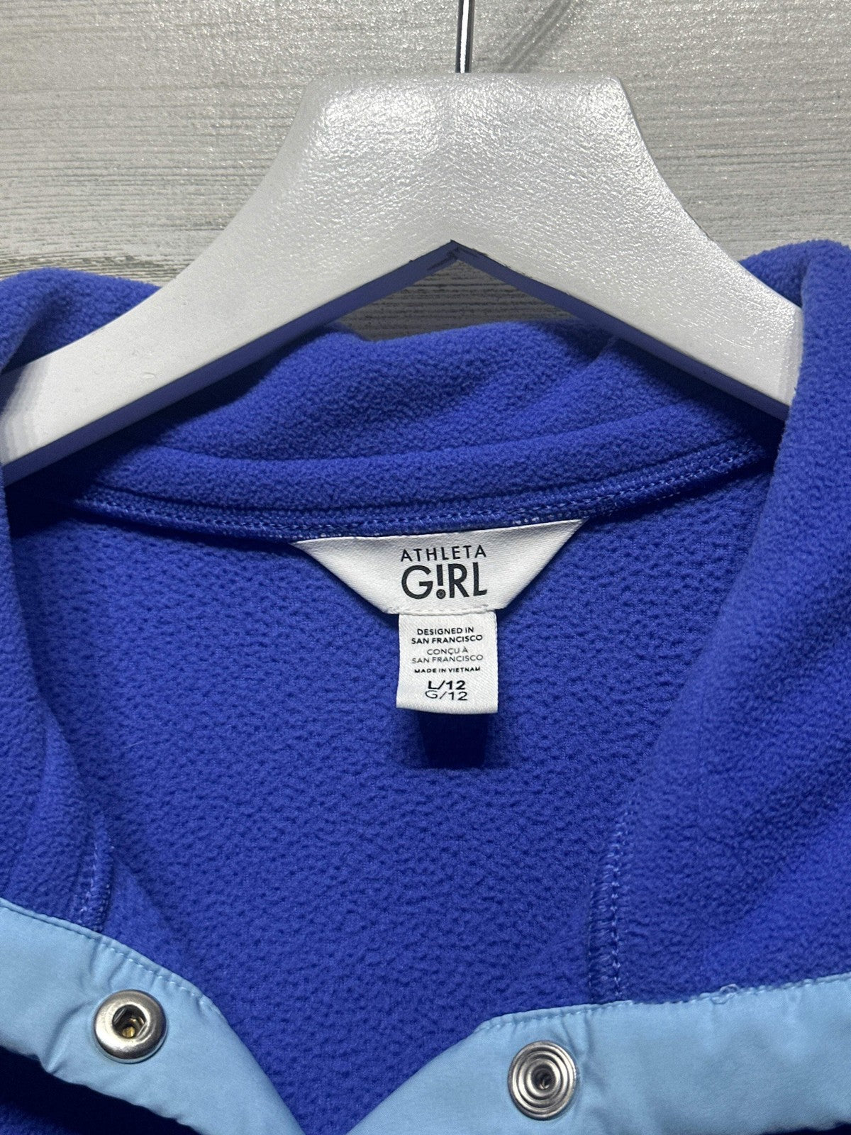 Athleta Fleece Pullover Girls L 12 Blue Snap Neck Mock Neck EUC1