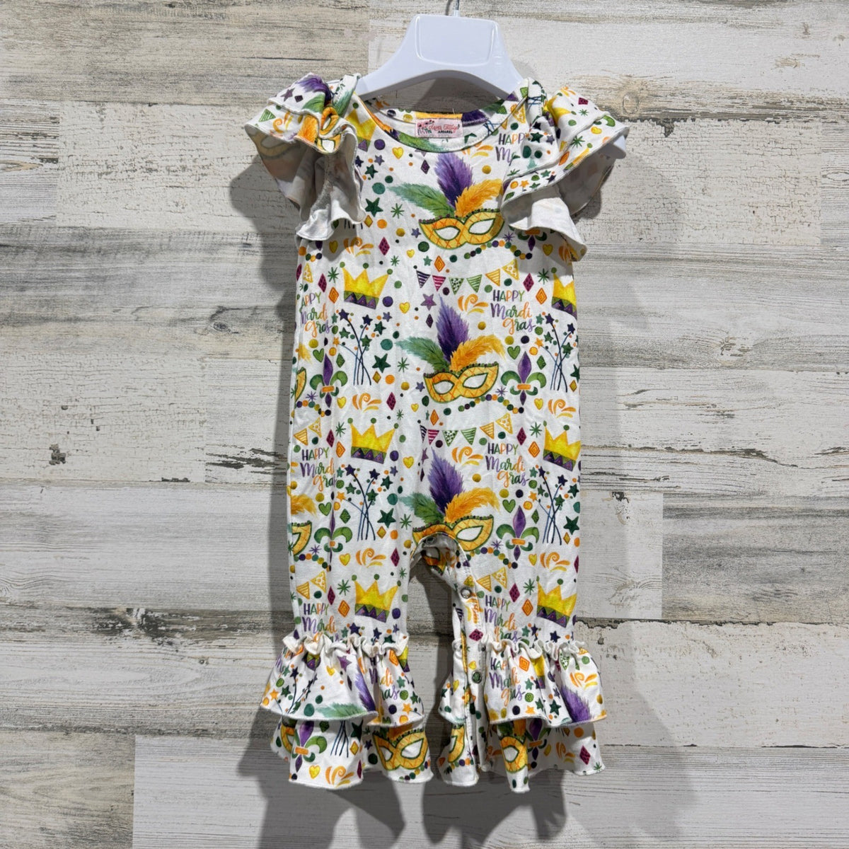 Clover Cottage Mardi Gras Ruffle Romper Girls 6-12M White Festive EUC0