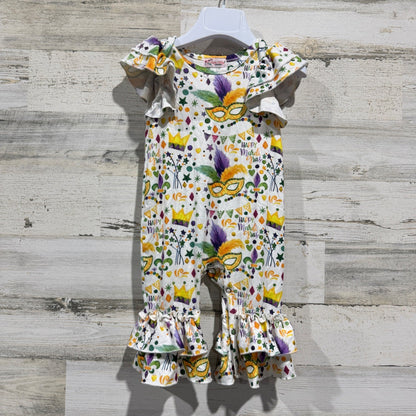 Clover Cottage Mardi Gras Ruffle Romper Girls 6-12M White Festive EUC0