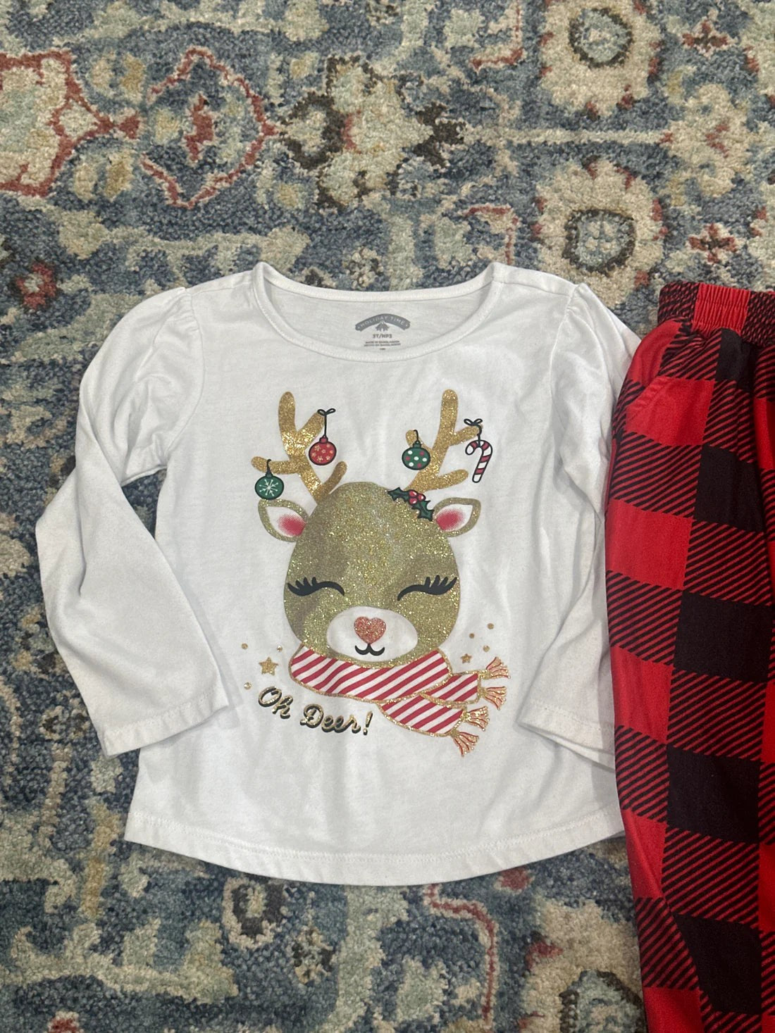Holiday Time Set Girls 3T White Red Reindeer Buffalo Plaid1