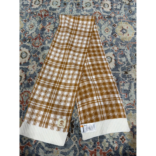 Timberland Scarf Men OS Wheat Brown Plaid Knit Logo Gorpcore EUC0