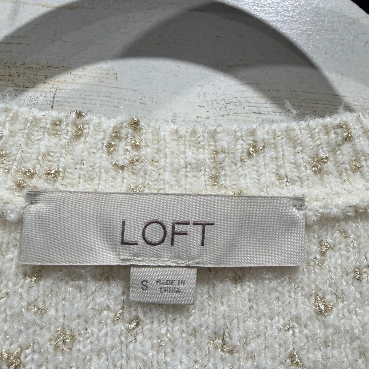 LOFT V-Neck Pullover Sweater Womens S Cream Gold Metallic Knit Holiday EUC1