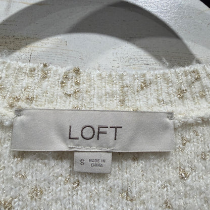 LOFT V-Neck Pullover Sweater Womens S Cream Gold Metallic Knit Holiday EUC1