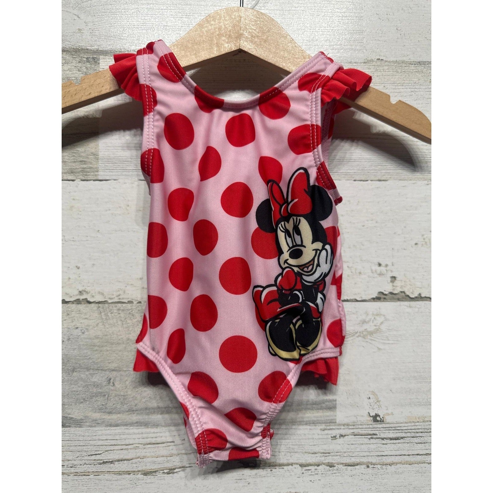 Disney Swimsuit Girls 3M Pink Red Polka Dot Minnie Mouse Ruffle EUC0