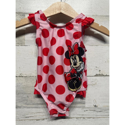 Disney Swimsuit Girls 3M Pink Red Polka Dot Minnie Mouse Ruffle EUC0