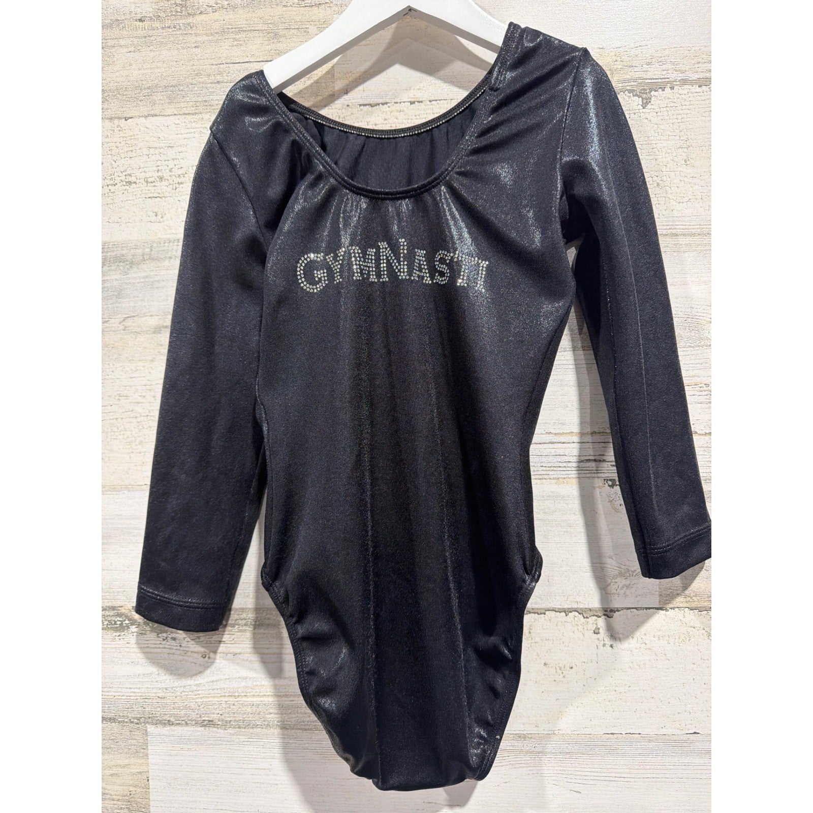 GK Leotard Custom "GYMNASTI" Rhinestone Girls M/L Long Sleeve Shimmer EUC3