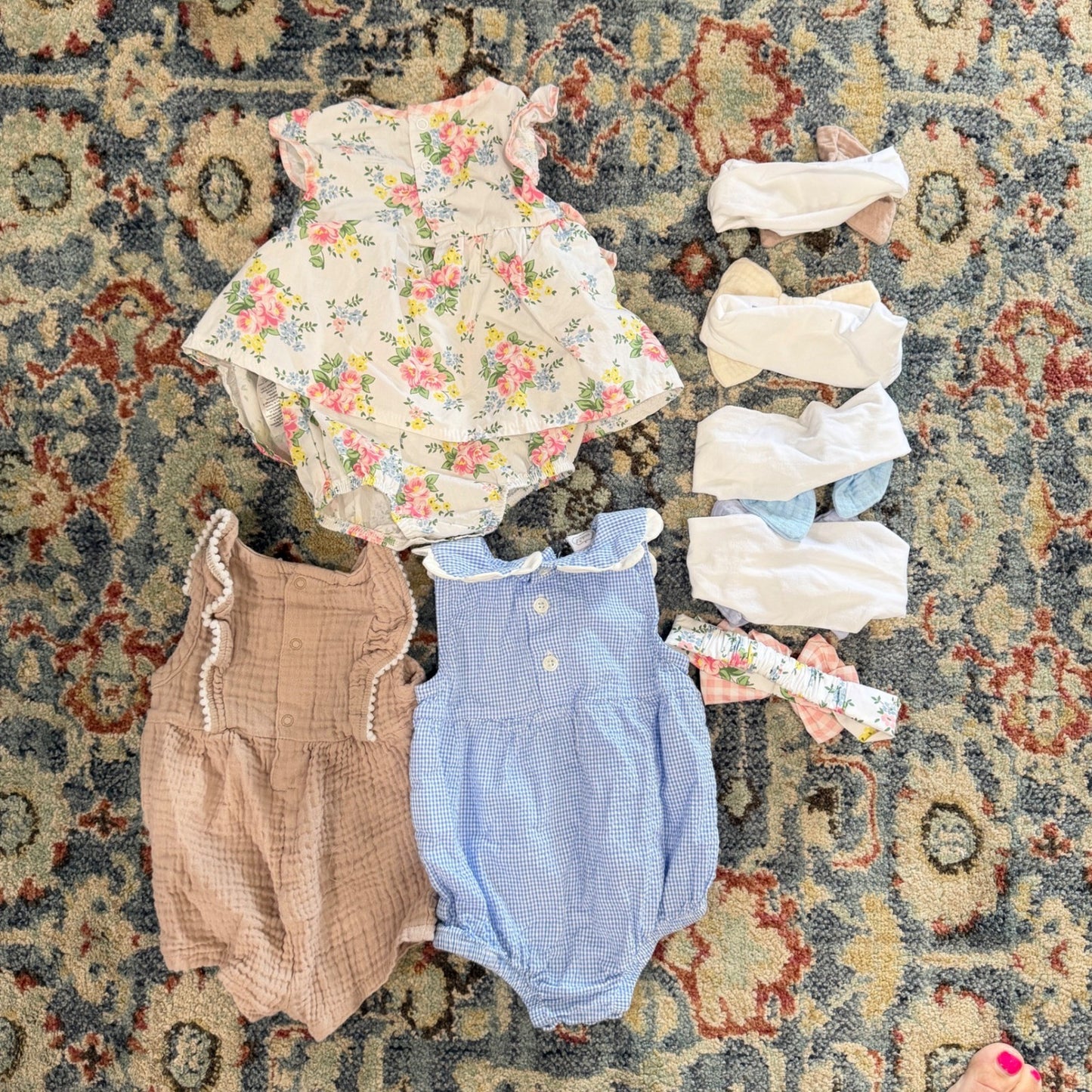 Mud Pie Baby Starters Romper Lot Girls 6-9M Floral Gingham Gauze EUC9