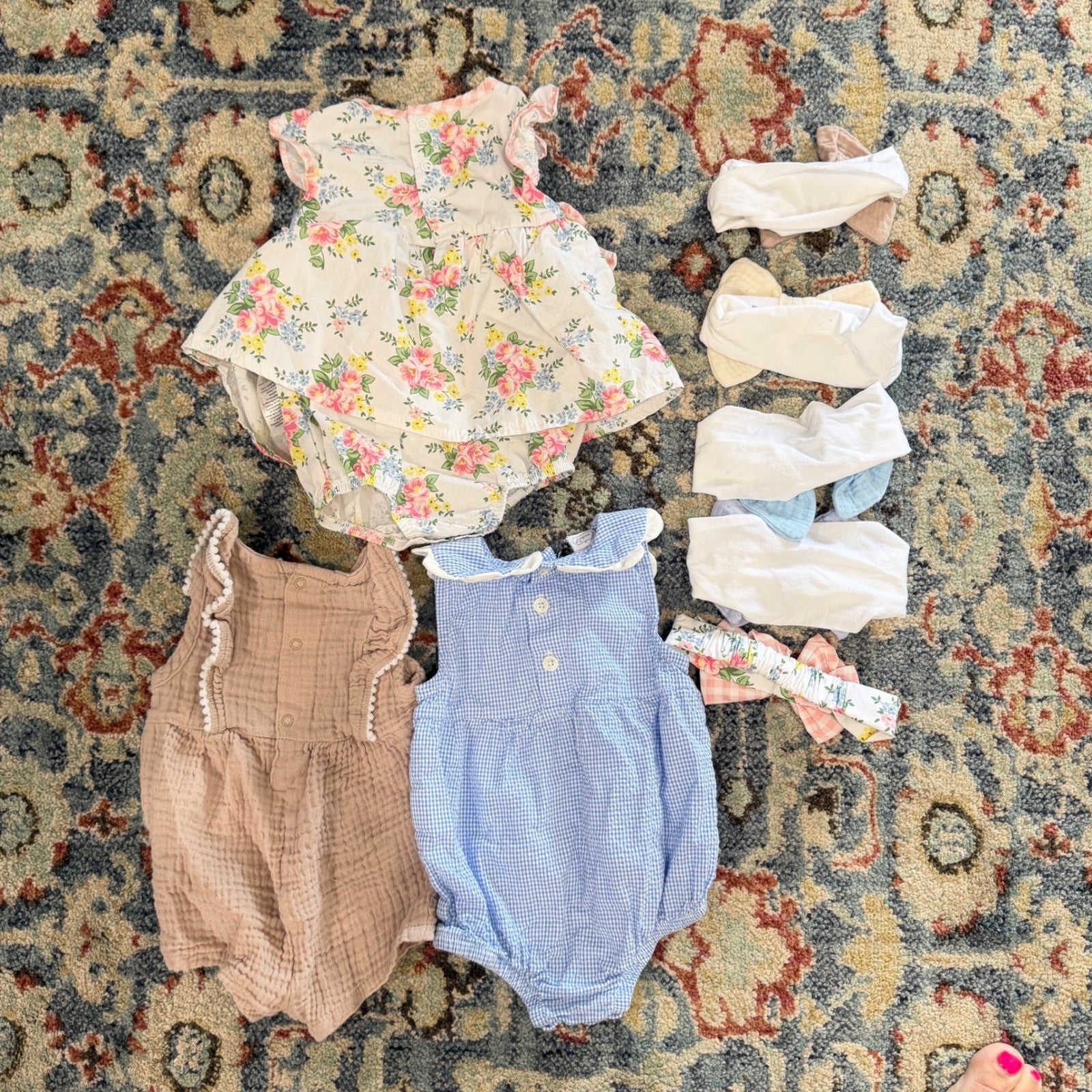 Mud Pie Baby Starters Romper Lot Girls 6-9M Floral Gingham Gauze EUC9