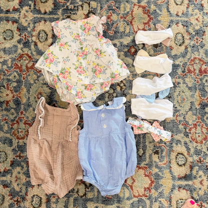 Mud Pie Baby Starters Romper Lot Girls 6-9M Floral Gingham Gauze EUC9