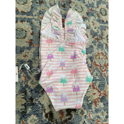 Birdie Bean Swimsuit Girls 12-18m Pink Popsicle Stripe Ruffle One Piece NWT1