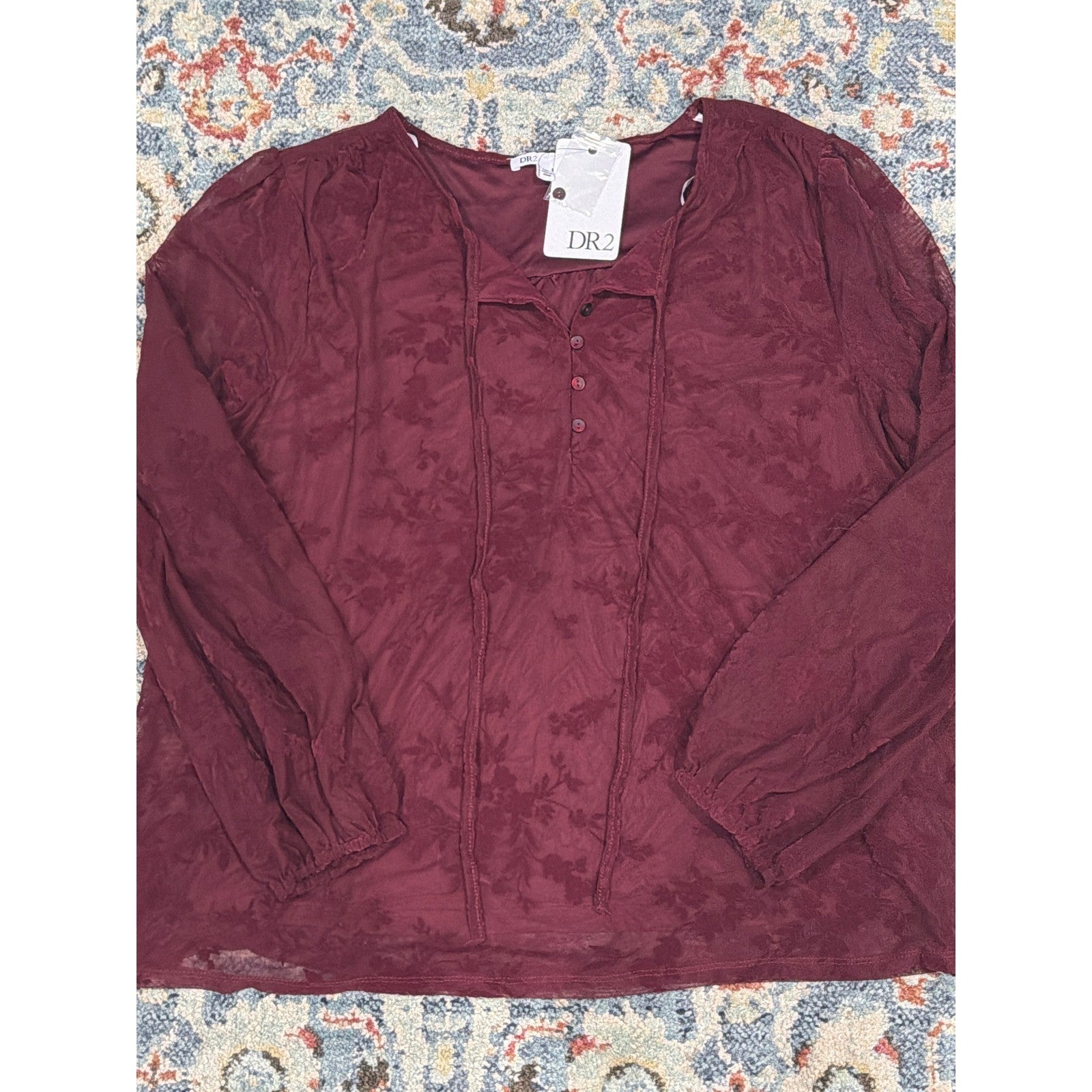 DR2 Blouse Women XXL Burgundy Floral Jacquard Sheer Sleeve Boho NWT0