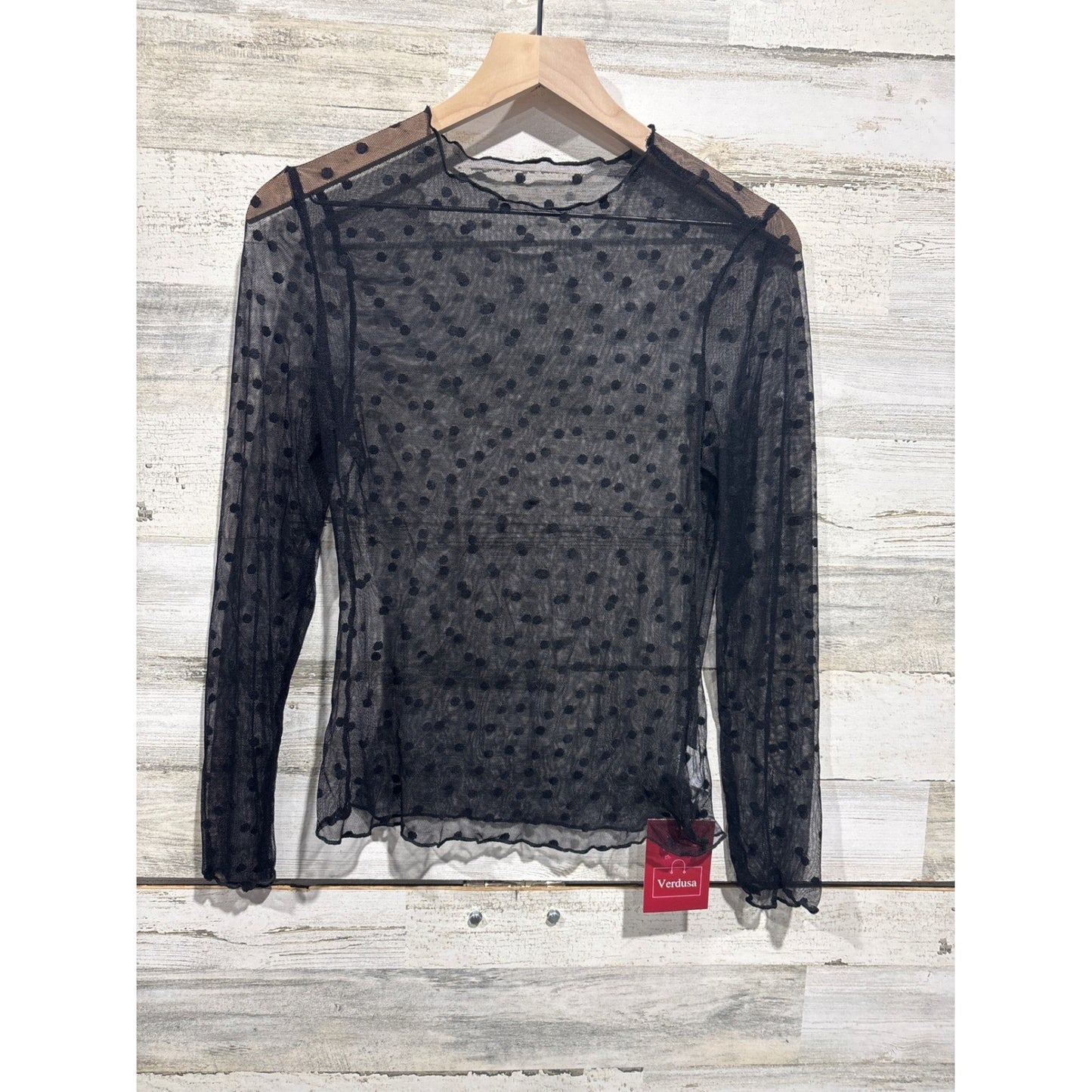 Verdusa Sheer Mesh Top Women Medium Black Polka Dot Mock Neck Goth NWT0
