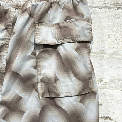 Psycho Bunny Swim Trunks Men Size S Brown Retro Wavy Pattern Beachwear *Flawed6