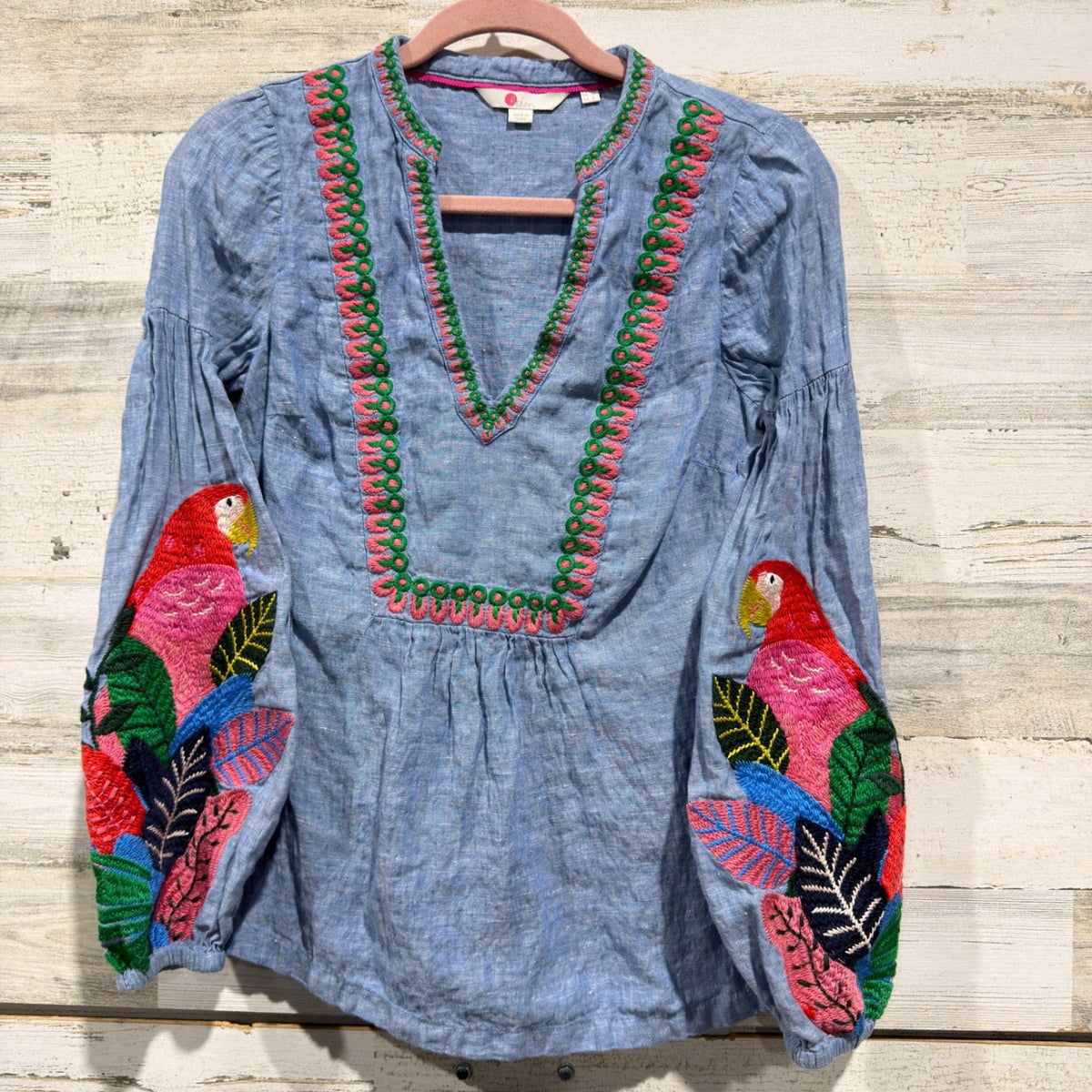 Boden Embroidered Parrot Blouse Women 6 Blue Linen Tropical Boho EUC0